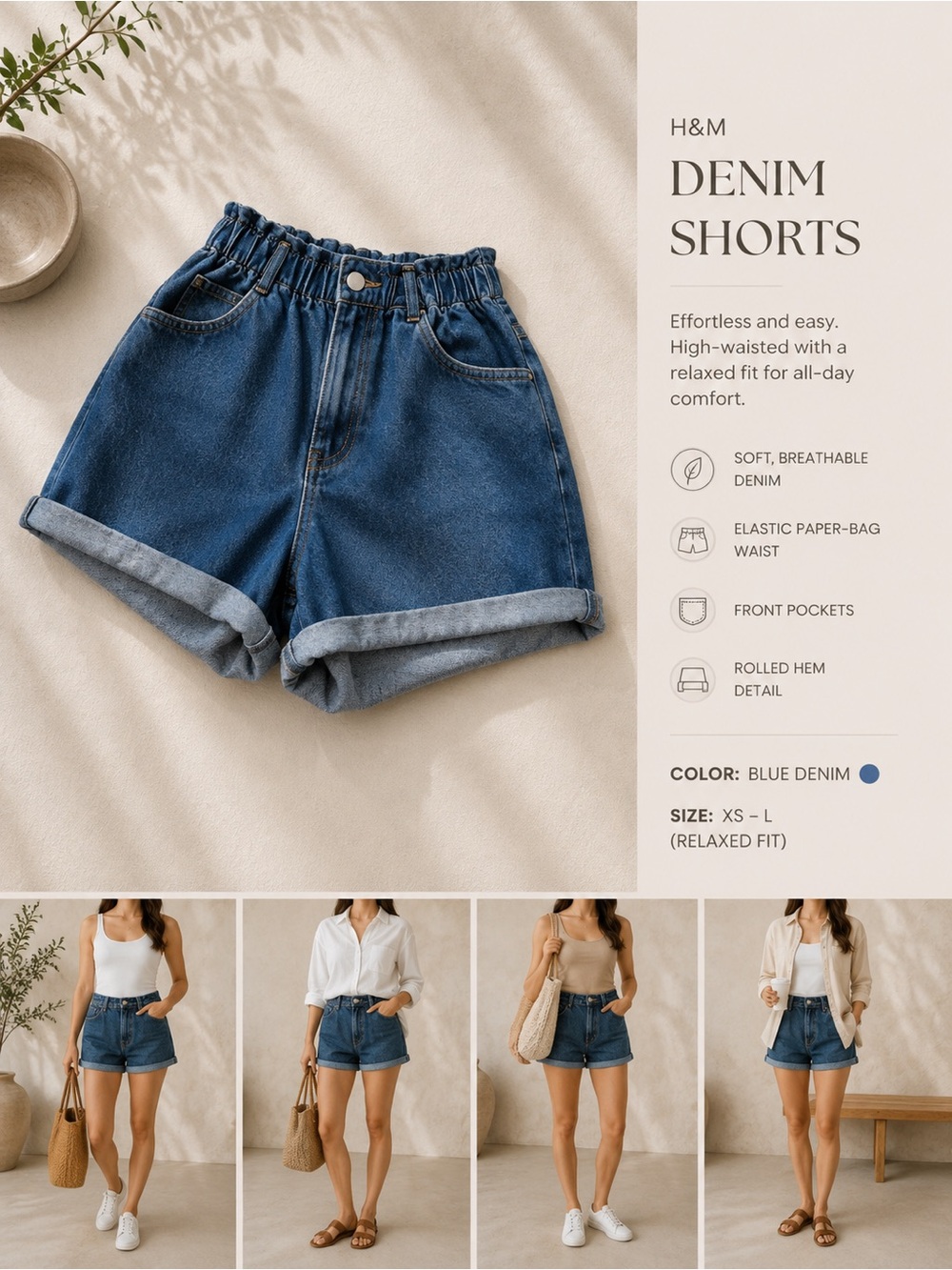 H&M Blue Paper-Bag Waist Denim Shorts